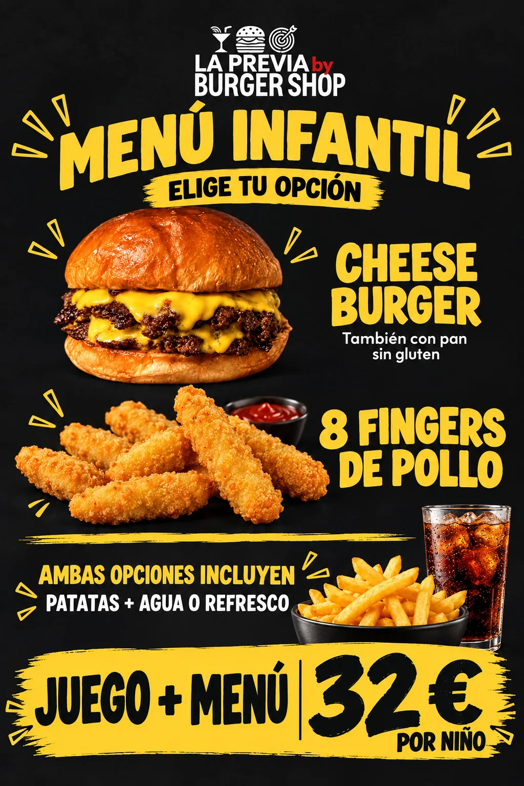 Menú infantil de Academia: Cheese Burger con opción de pan sin gluten u 8 fingers de pollo, ambos con patatas y agua o refresco. Juego y menú por 32 euros por niño.