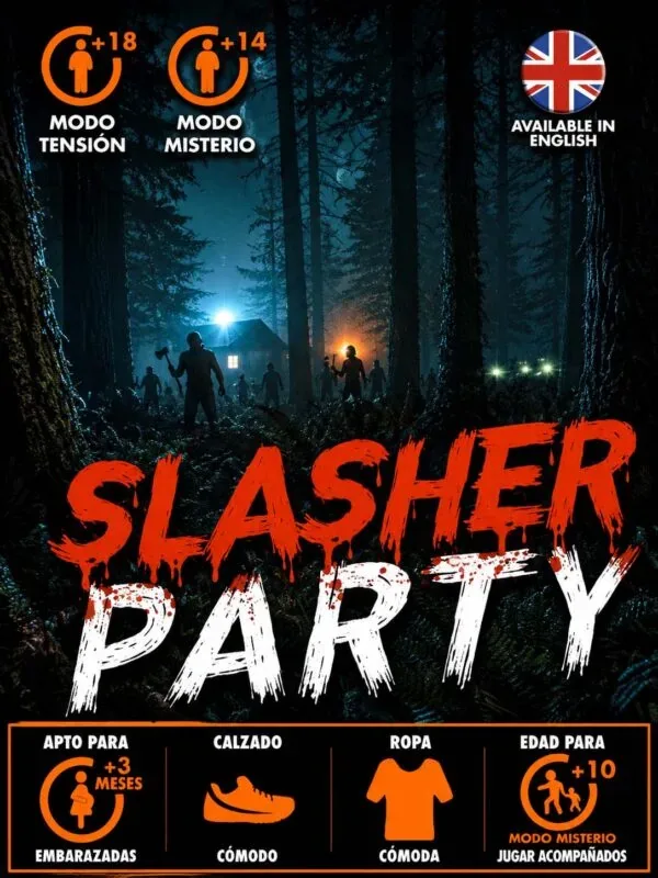 Cartel de Slasher Party, escape room de misterio y tensión en Barcelona